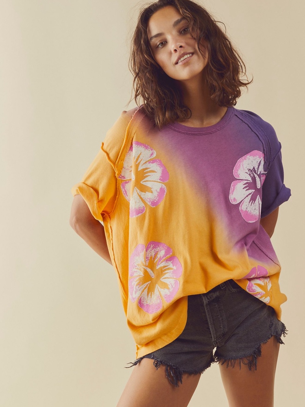 We The Free Tropical Vibes Purple & Orange Floral Ombre Tee
